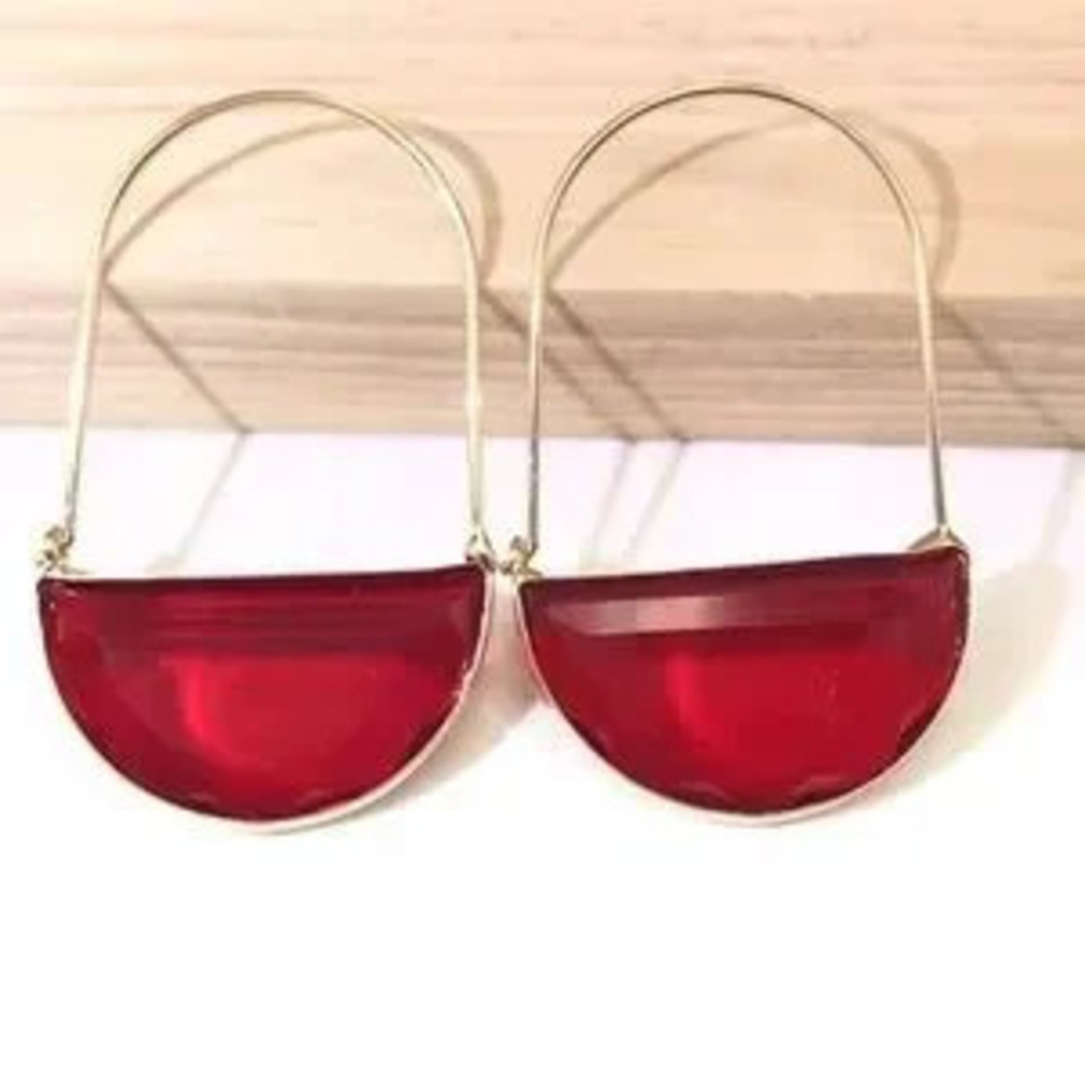 Ruby Red Glass Crescent Hoop Gold Earrings - Picture 4 of 6